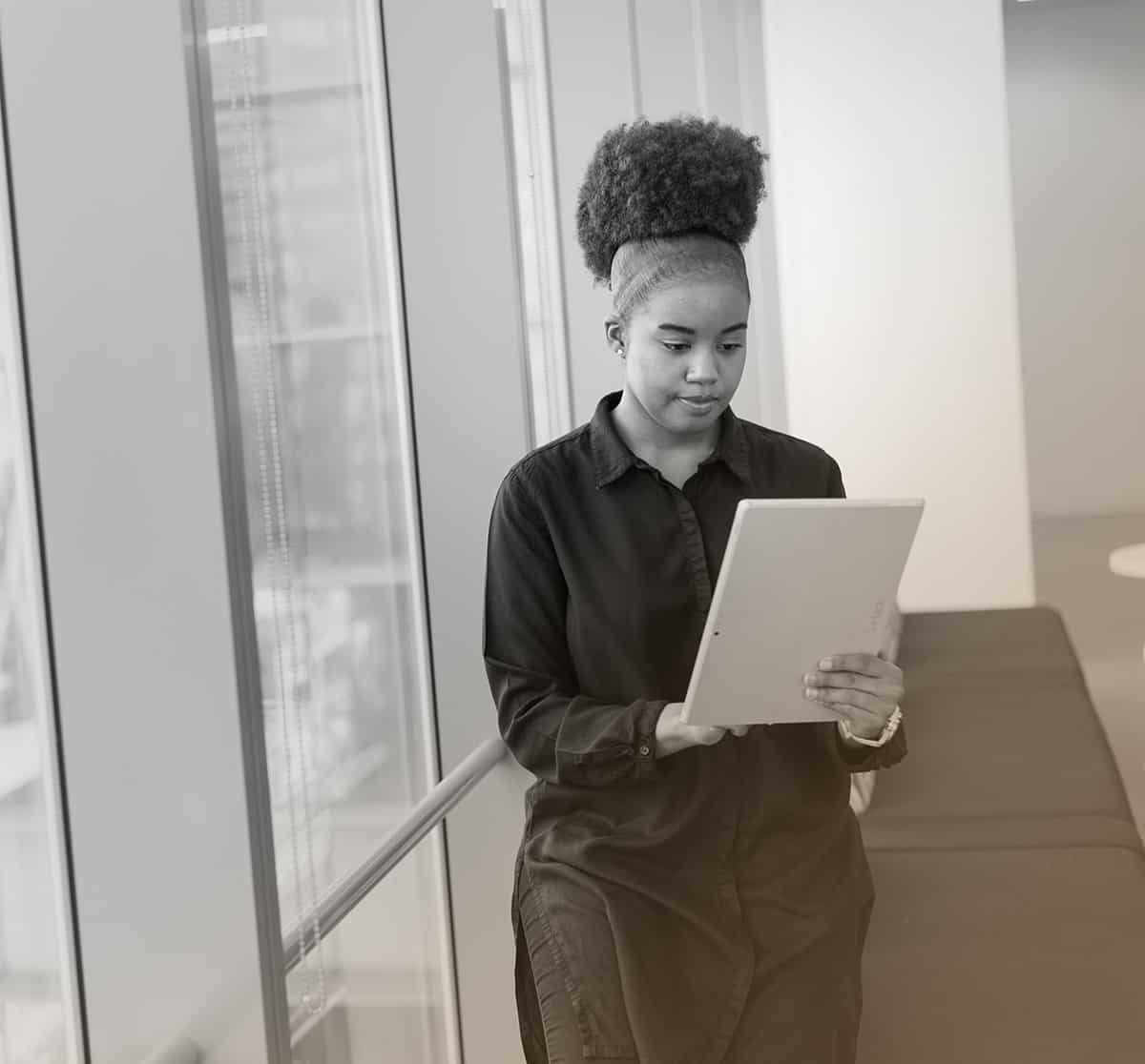 woman on vertical ipad standing